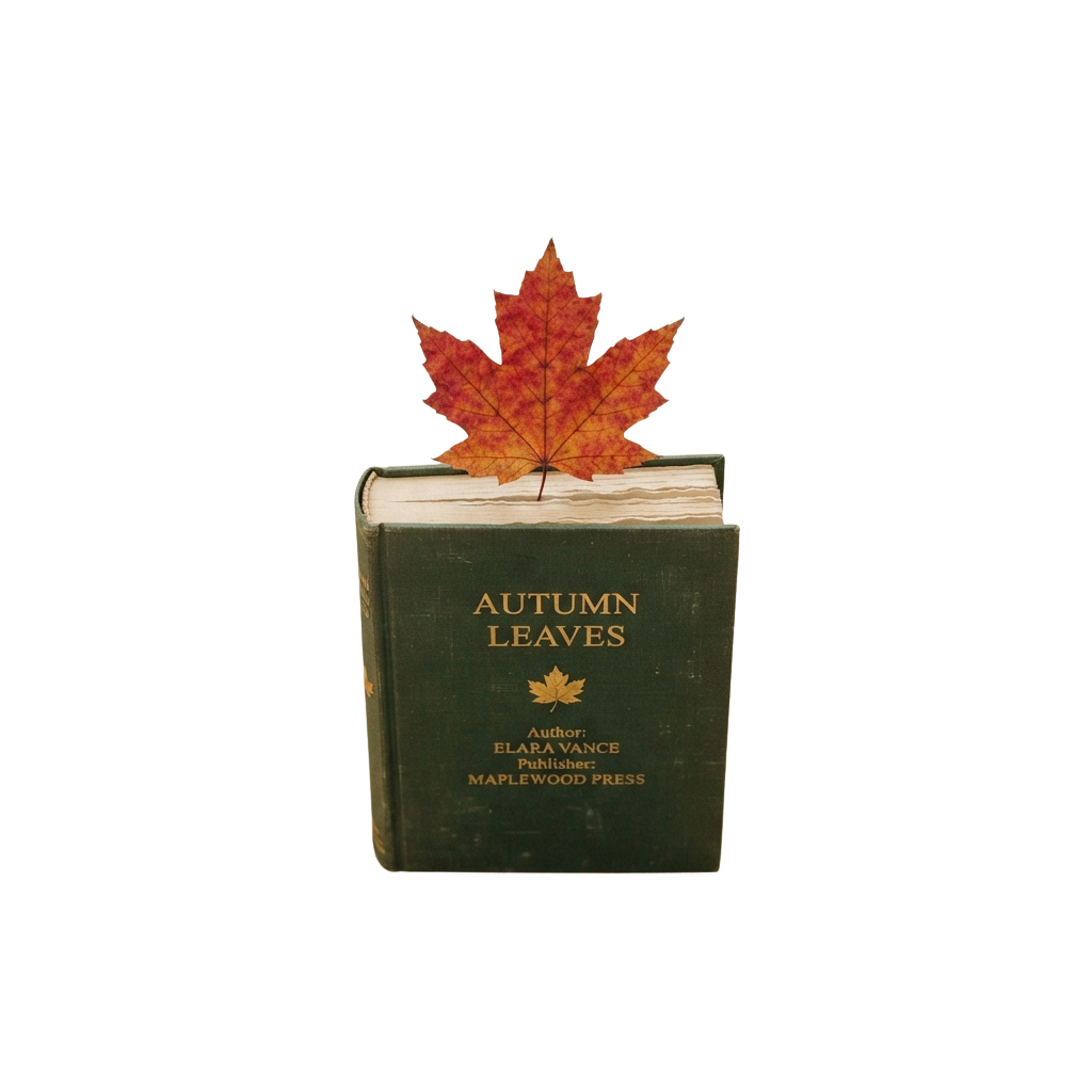 A green book titled Autumn Leaves with a red maple leaf on top
