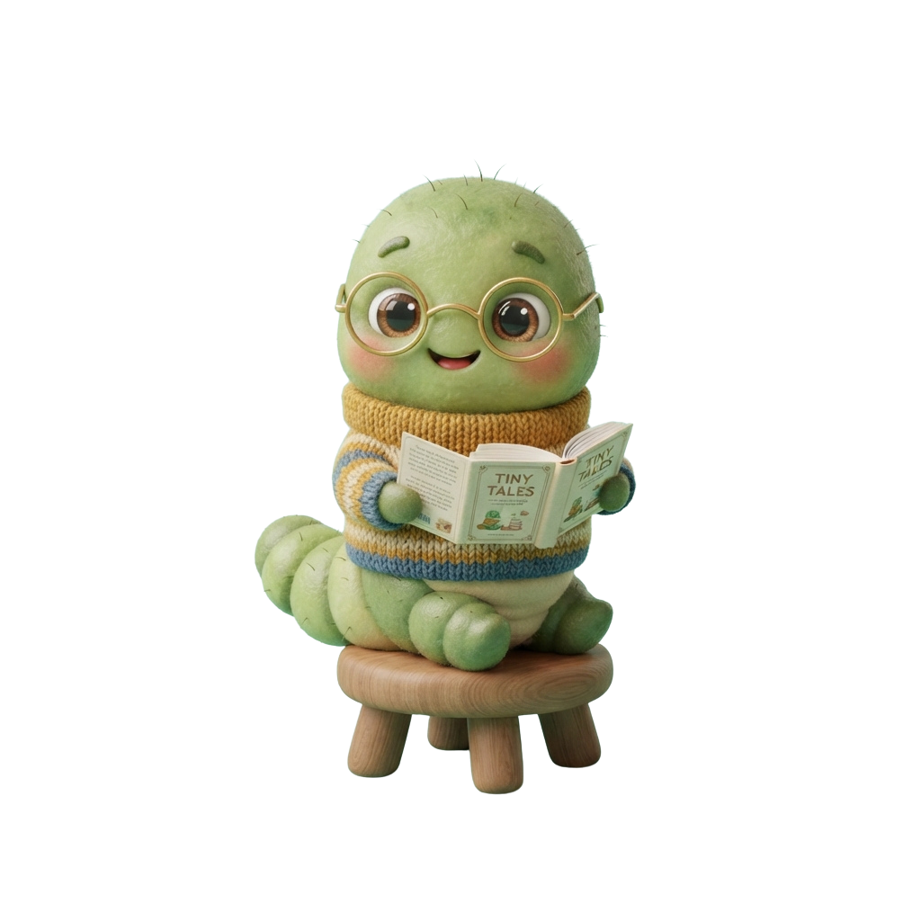 A cheerful green caterpillar toy with glasses and a scarf reading a book titled Tiny Tales
