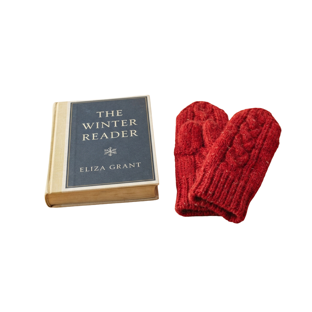 Book titled The Winter Reader by Eliza Grant next to red knitted mittens