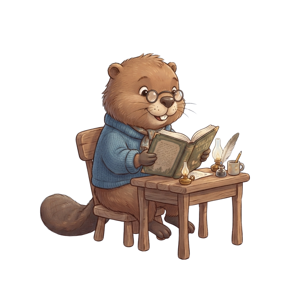 A cheerful cartoon animal wearing glasses and a sweater reads an open book at a wooden desk with a quill, ink, and candle.