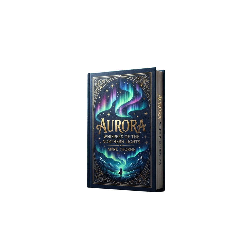 Book cover showing a fantasy novel with glowing aurora lights and intricate golden designs