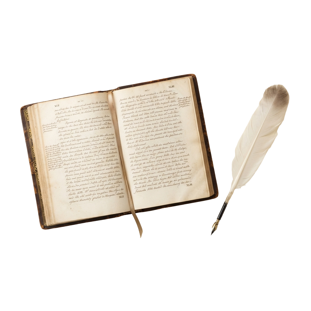 An open old book with Latin text and a feather quill pen resting on the right page.
