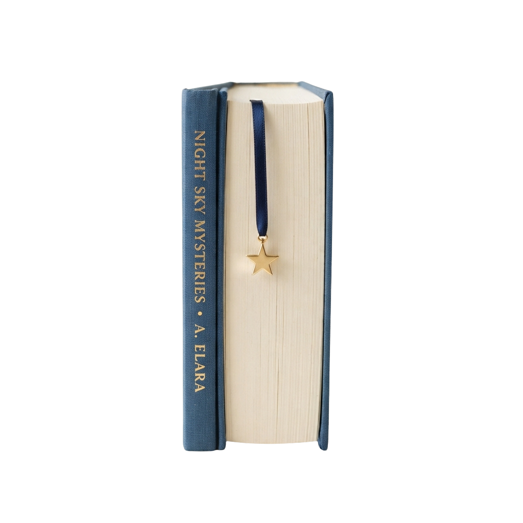 A closed book titled Night Sky Mysteries with a blue ribbon and star bookmark