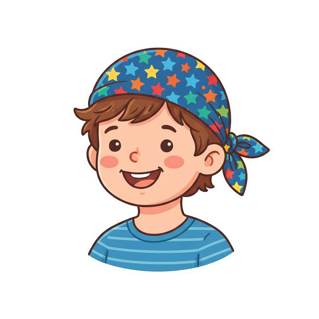 Smiling child with short hair wearing a colorful star-patterned headband