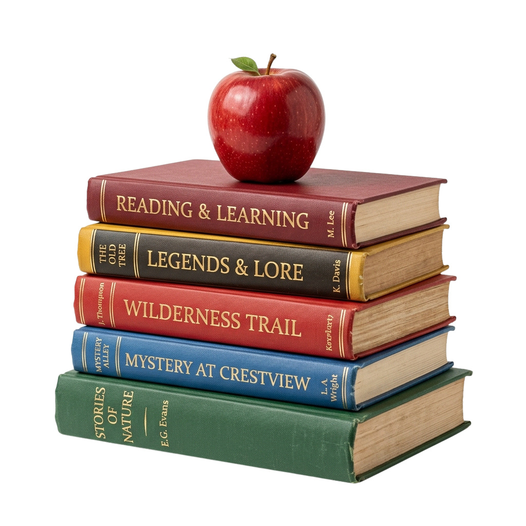 A red apple balanced on a stack of five colorful books with titles like Reading Learning and Legends Lore
