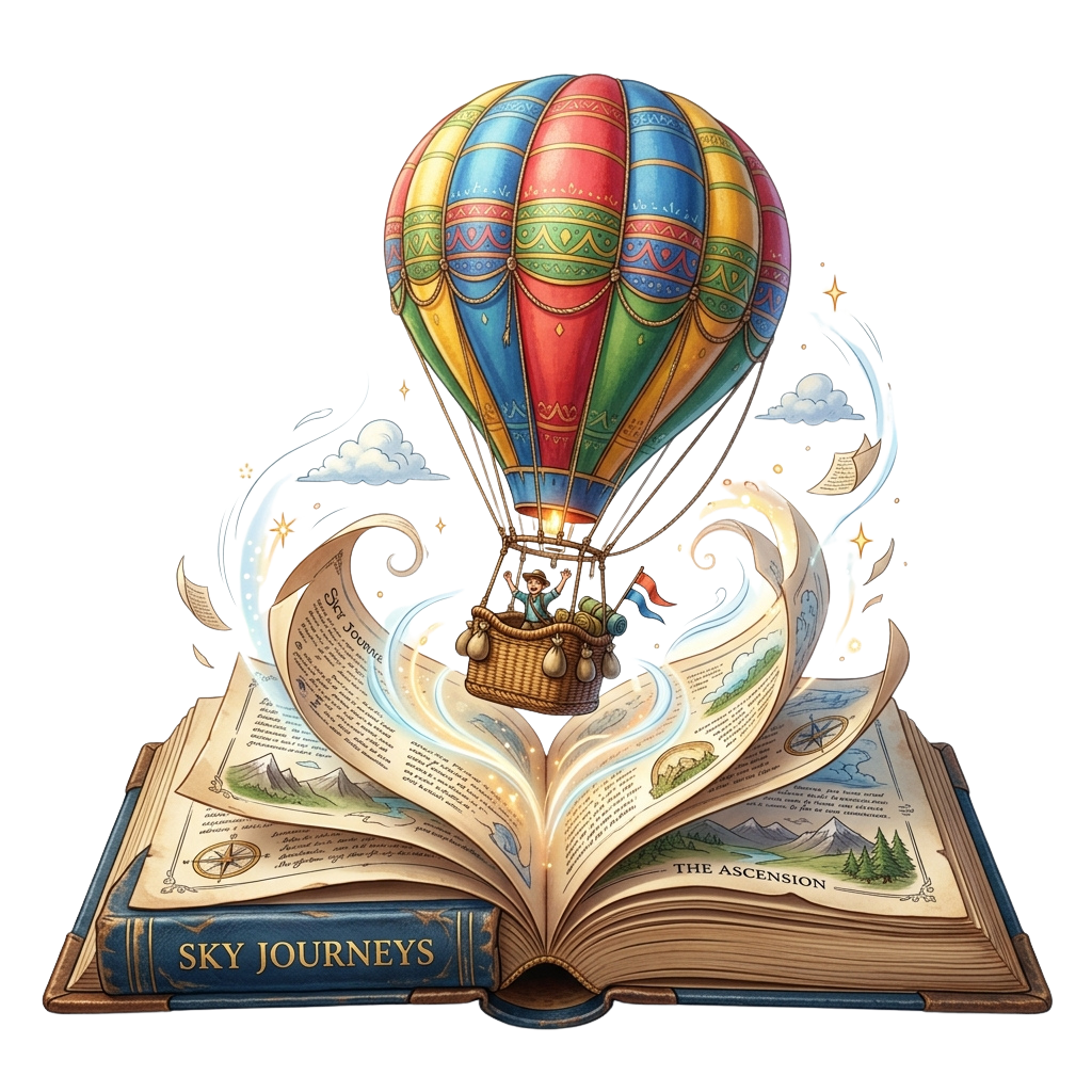 An open book with a colorful hot air balloon rising from its pages, labeled Sky Journeys and The Ascension.