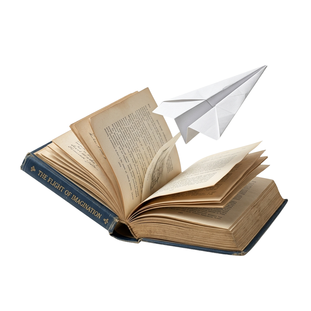 Open book titled Flight of Imagination with a paper airplane flying above it