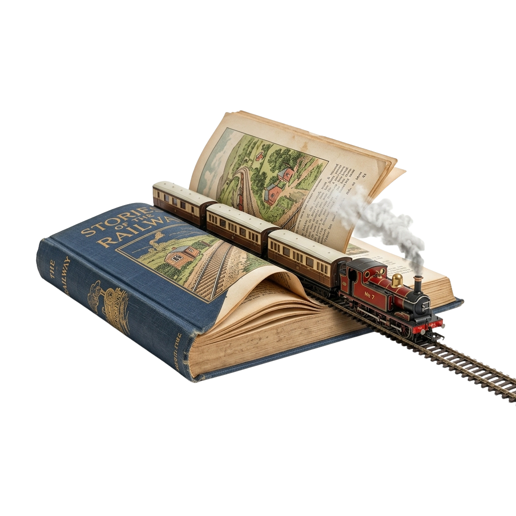 A small toy train exiting an open book titled Story Railway with an illustrated train on the cover
