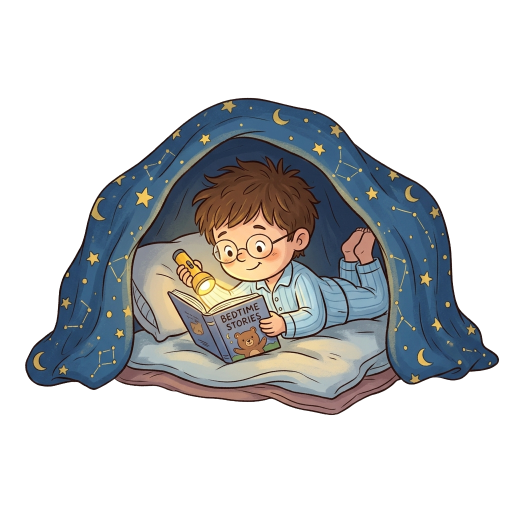 A child in glasses reading a bedtime stories book under a blue starry blanket with a teddy bear beside them.