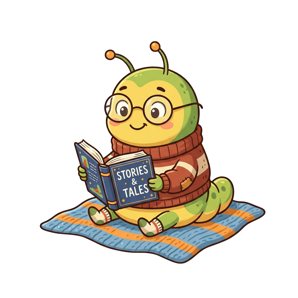 A cheerful cartoon caterpillar wearing glasses and a scarf reads an open book titled Stories and Tales