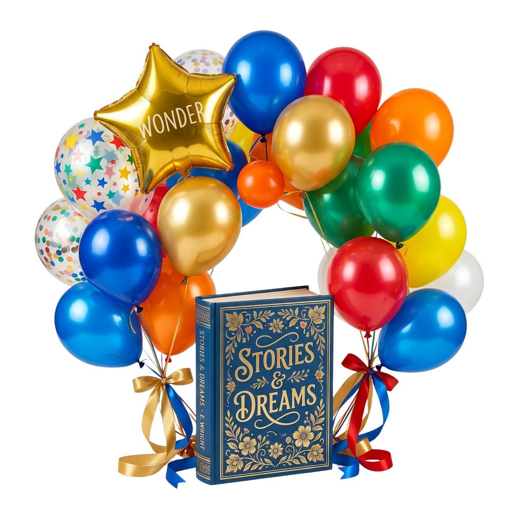 A book titled Stories and Dreams surrounded by colorful balloons and a star balloon with the word Wonder