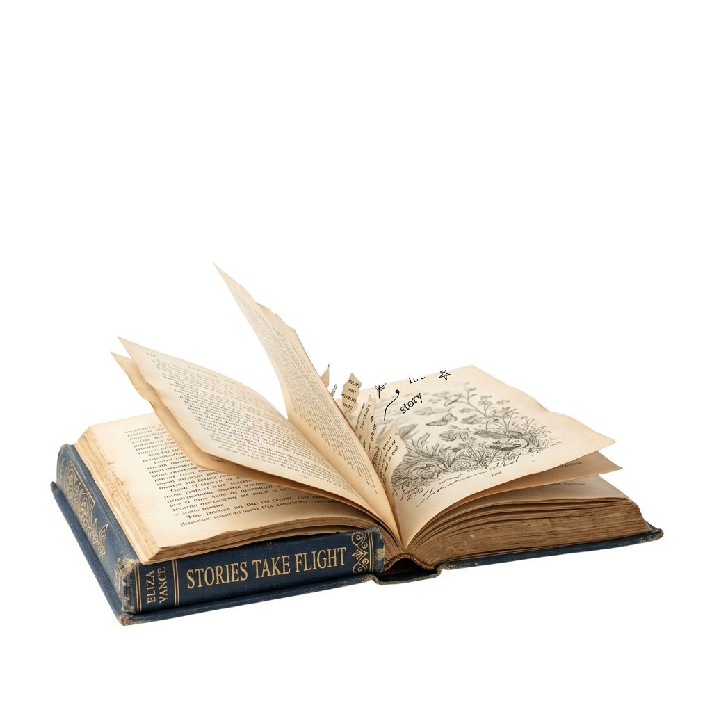 An open vintage book showing a page with an illustration and text, with pages flapping upward.
