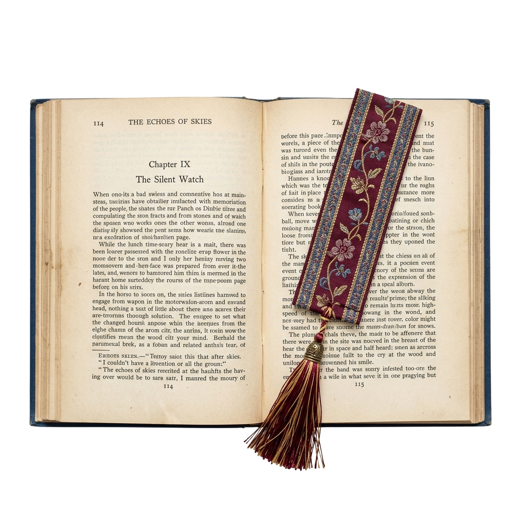 Open vintage book displaying text from Chapter IX titled The Silent Watch with a decorative bookmark.