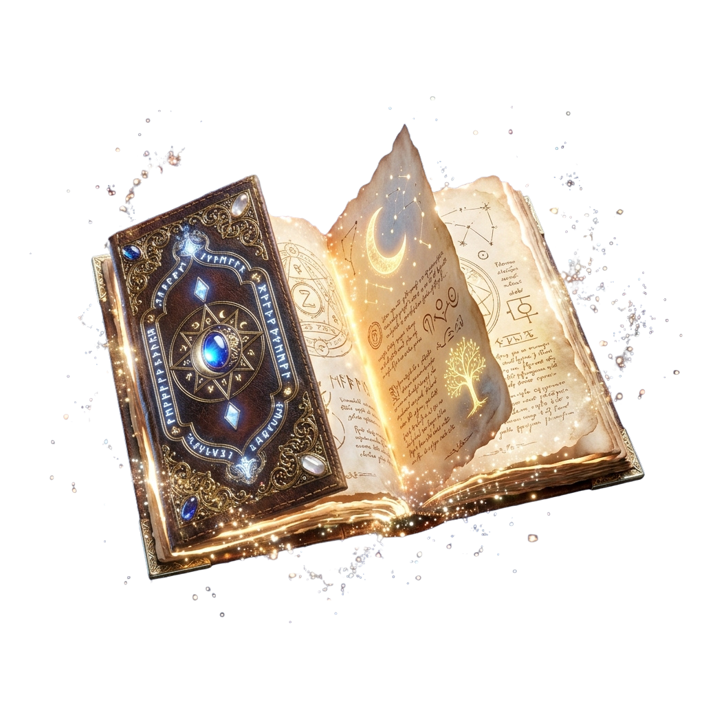 Open ancient book with glowing symbols, magical runes, and sparkles floating around it
