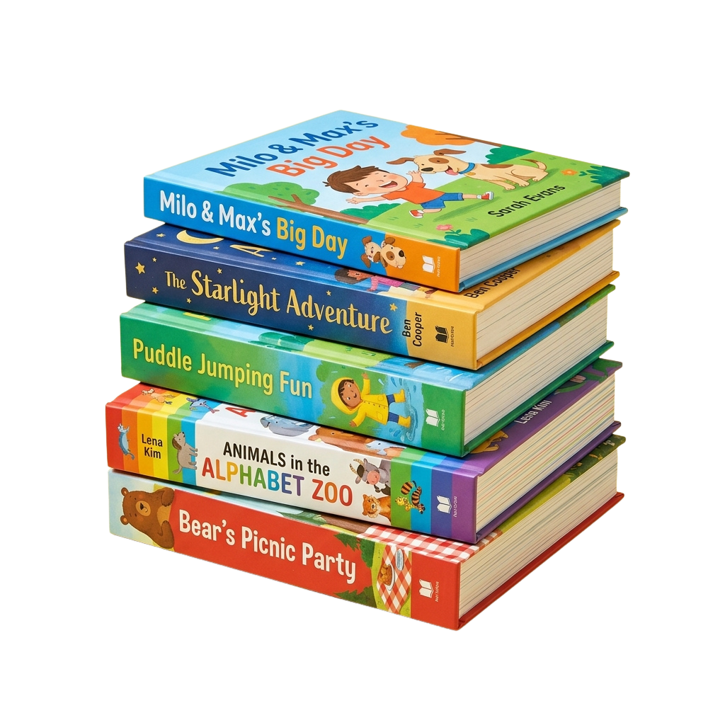 Stack of five colorful children's books with bright covers featuring animals and kids