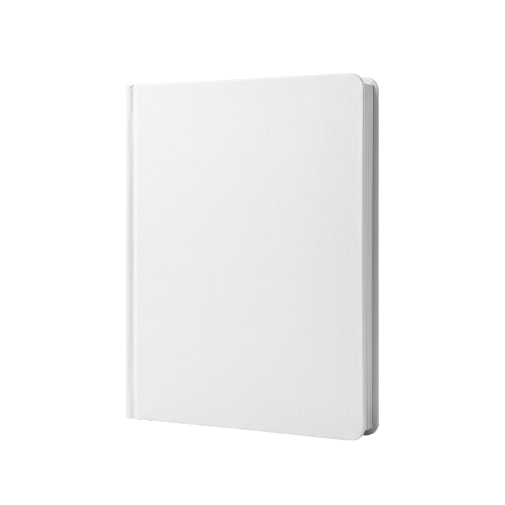 A plain white hardcover notebook standing upright against a black background