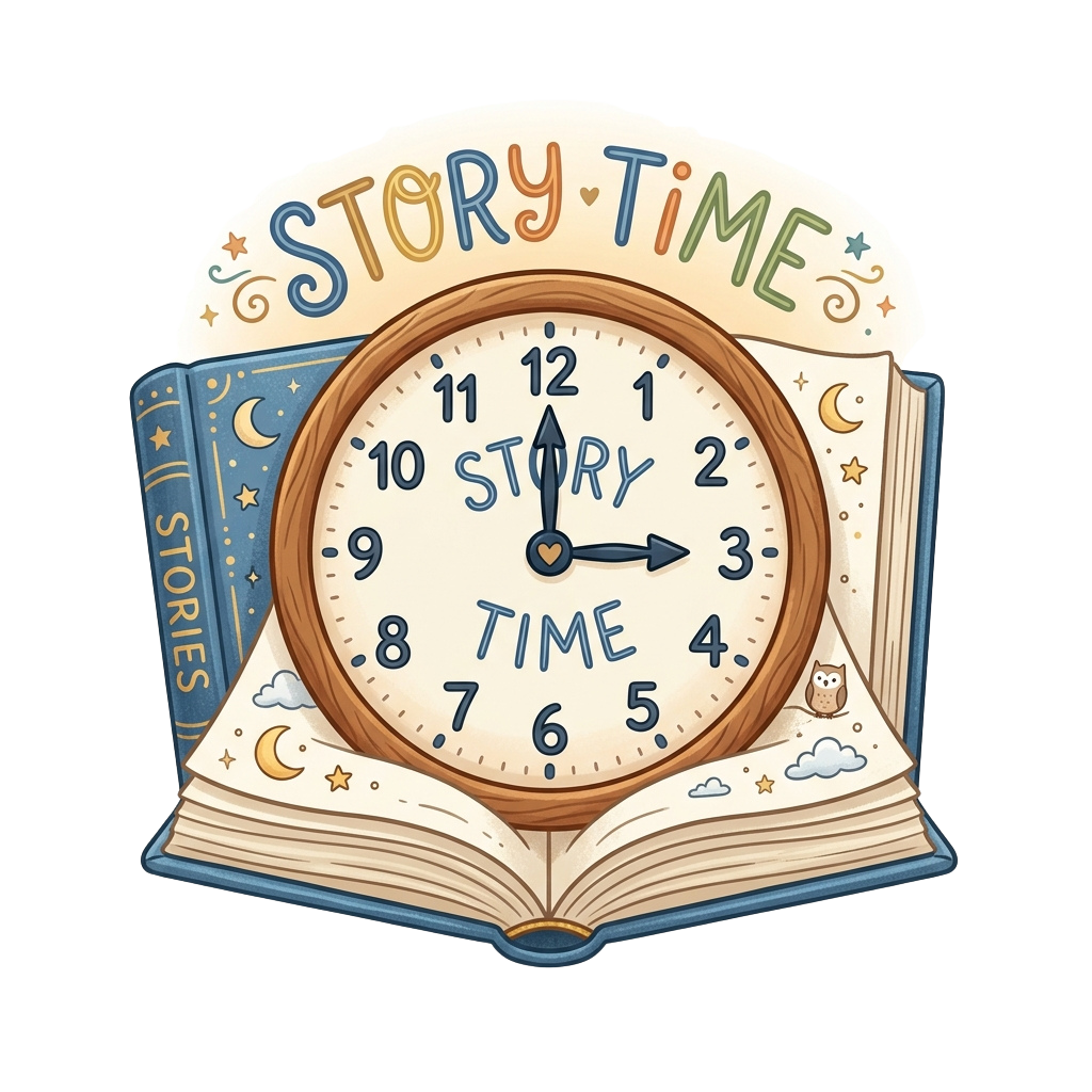 An illustrated clock inside an open book with the words Story Time, showing the time as 3 o'clock.