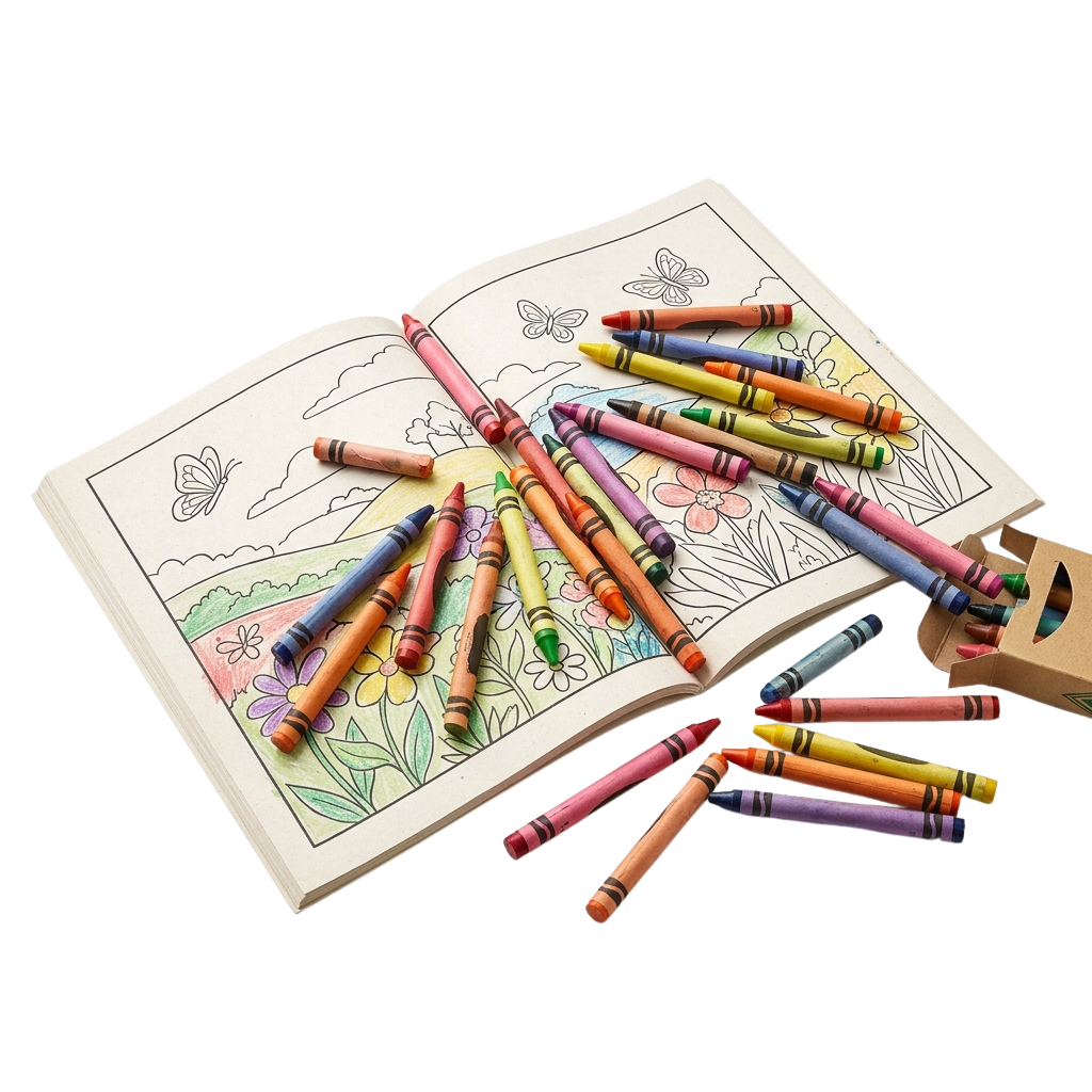 Coloring book with floral designs and a variety of colorful crayons scattered around
