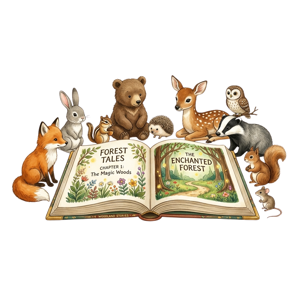 Illustration of woodland animals gathered around an open storybook titled Forest Tales and The Enchanted Forest