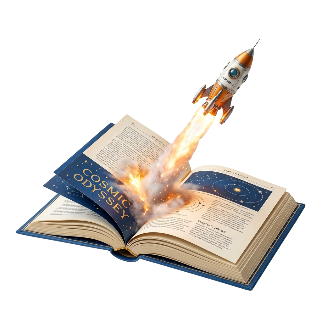 Illustration of an open book titled Cosmic Odyssey with a toy rocket launching from its pages