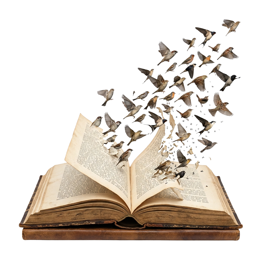An open book with birds flying out of its pages against a dark background