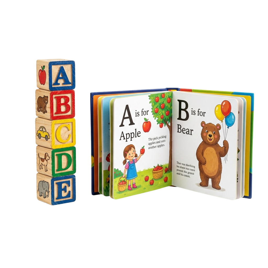 ABC wooden blocks with images next to an open alphabet book showing pages for Apple and Bear