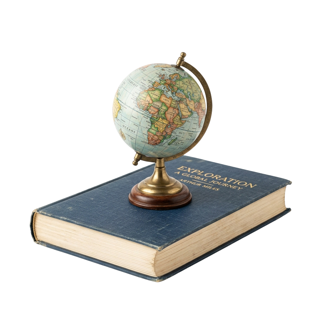 A small antique globe on a stand placed on top of an old book titled Exploration A Global Journey