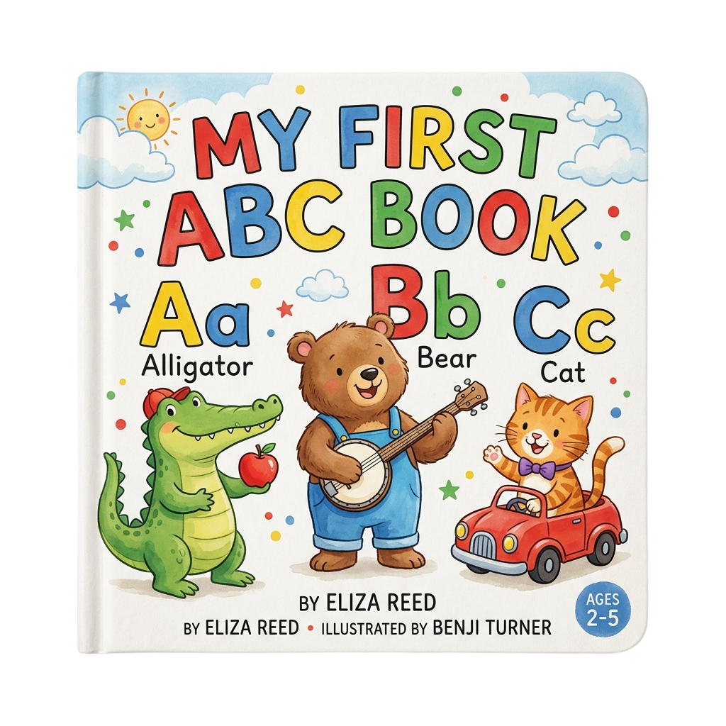 Colorful children's book cover showing letters A, B, and C with an alligator, bear, and cat characters