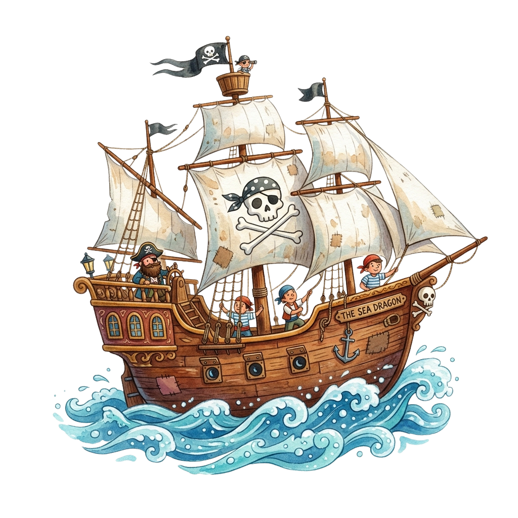 Cartoon pirate ship named Sea Dragon sailing on wavy blue water with crew and Jolly Roger flag