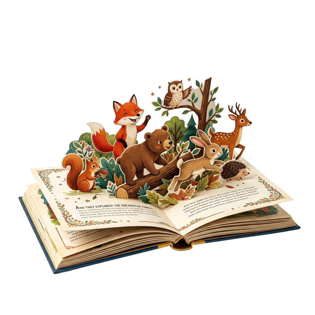 Pop-up book illustration showing forest animals including a fox, bear, rabbit, deer, squirrel, owl, and hedgehog on a log.