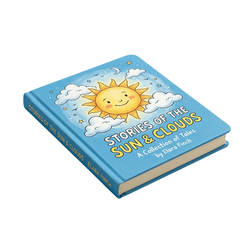 Colorful book cover with smiling sun, clouds, stars, and text reading Stories of the Sun and Clouds