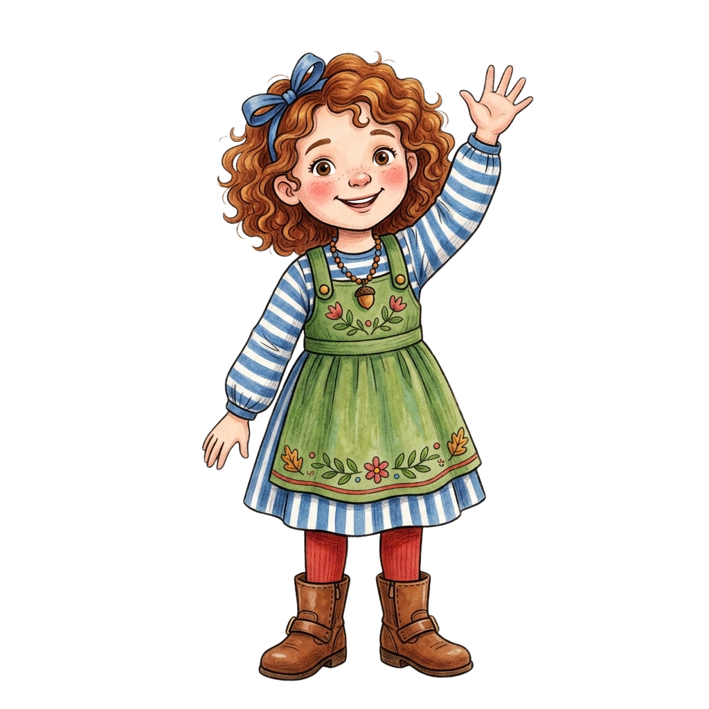 A cheerful cartoon girl with curly red hair waving, wearing a green dress with floral patterns, striped long sleeves, and brown boots