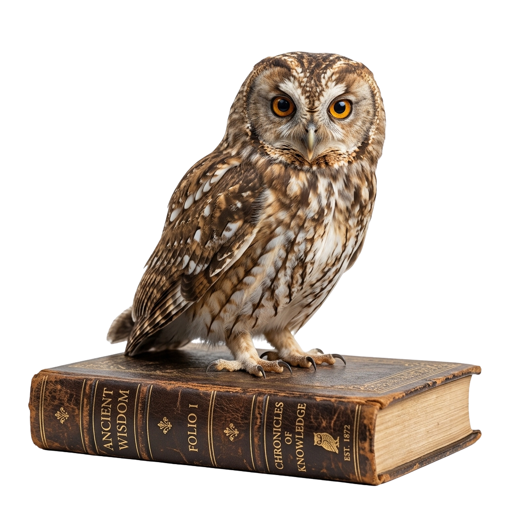An owl sitting on top of an old book with labels like Ancient Wisdom and Chronicles of Knowledge