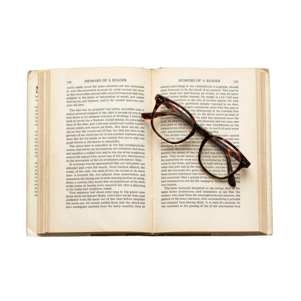 An open book titled Memoirs of a Reader with glasses resting on the pages.