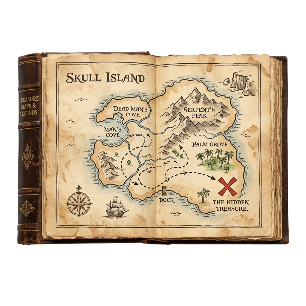 An old book page showing a detailed treasure map of Skull Island with marked locations like Dead Man's Cove and Serpent's Peak.