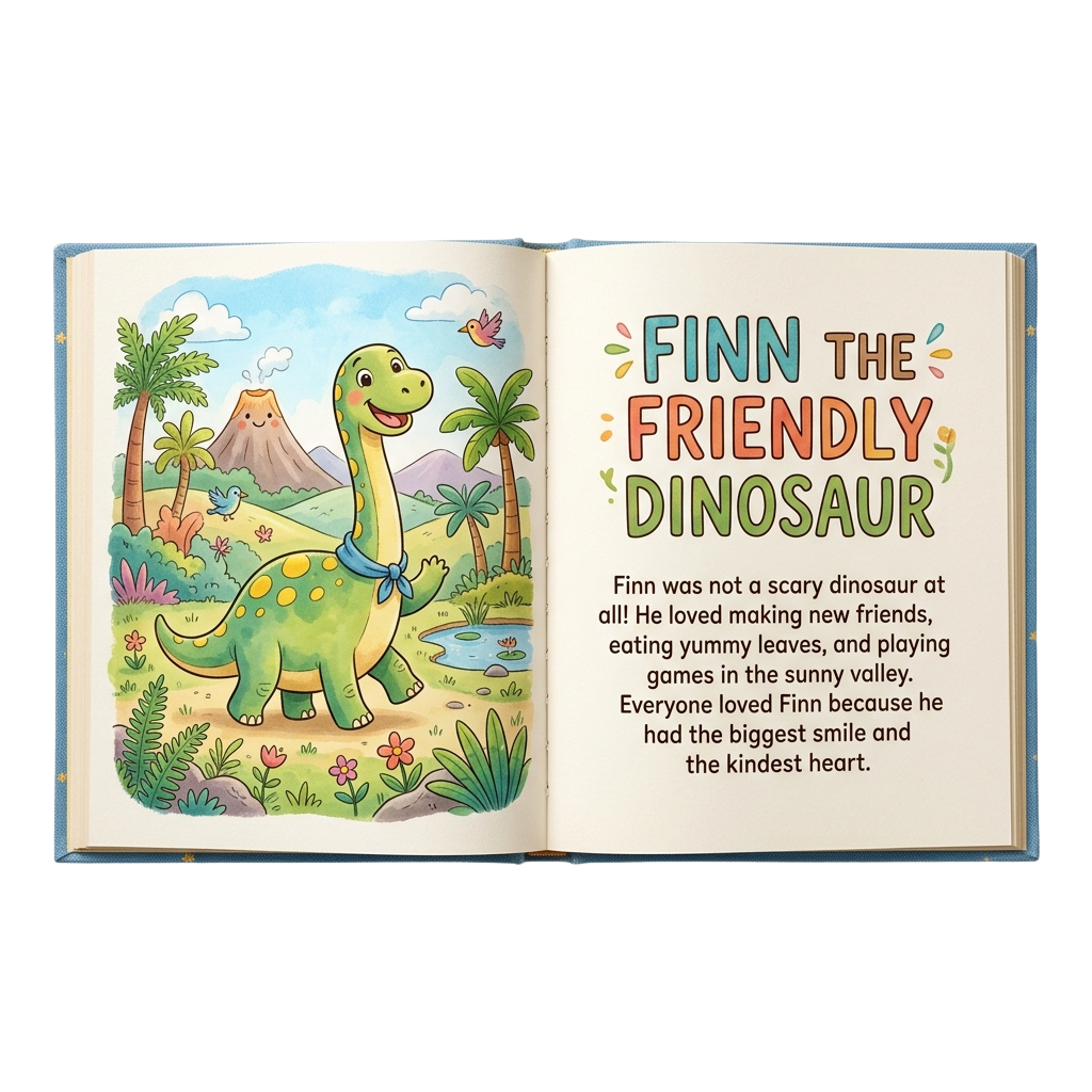 Illustration of a smiling green dinosaur in a tropical valley with palm trees and flowers, reading text about Finn the friendly dinosaur.