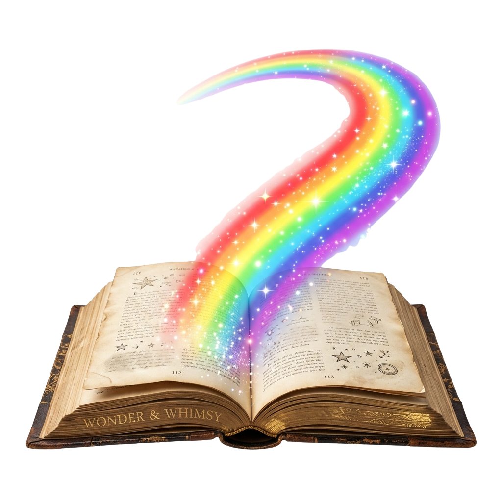 A glowing rainbow question mark rising from an open book labeled Wonder Whimsy