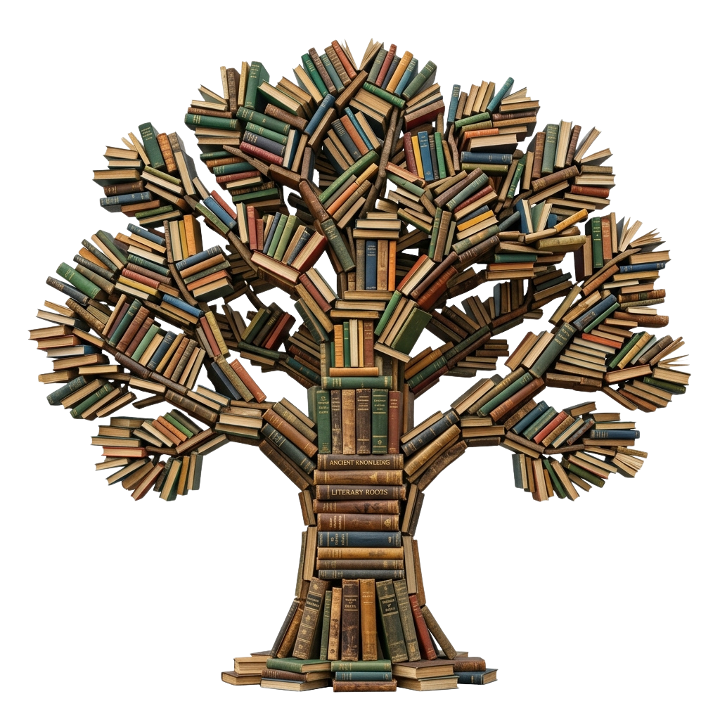 A tree sculpted entirely from stacked books, representing knowledge and literature.