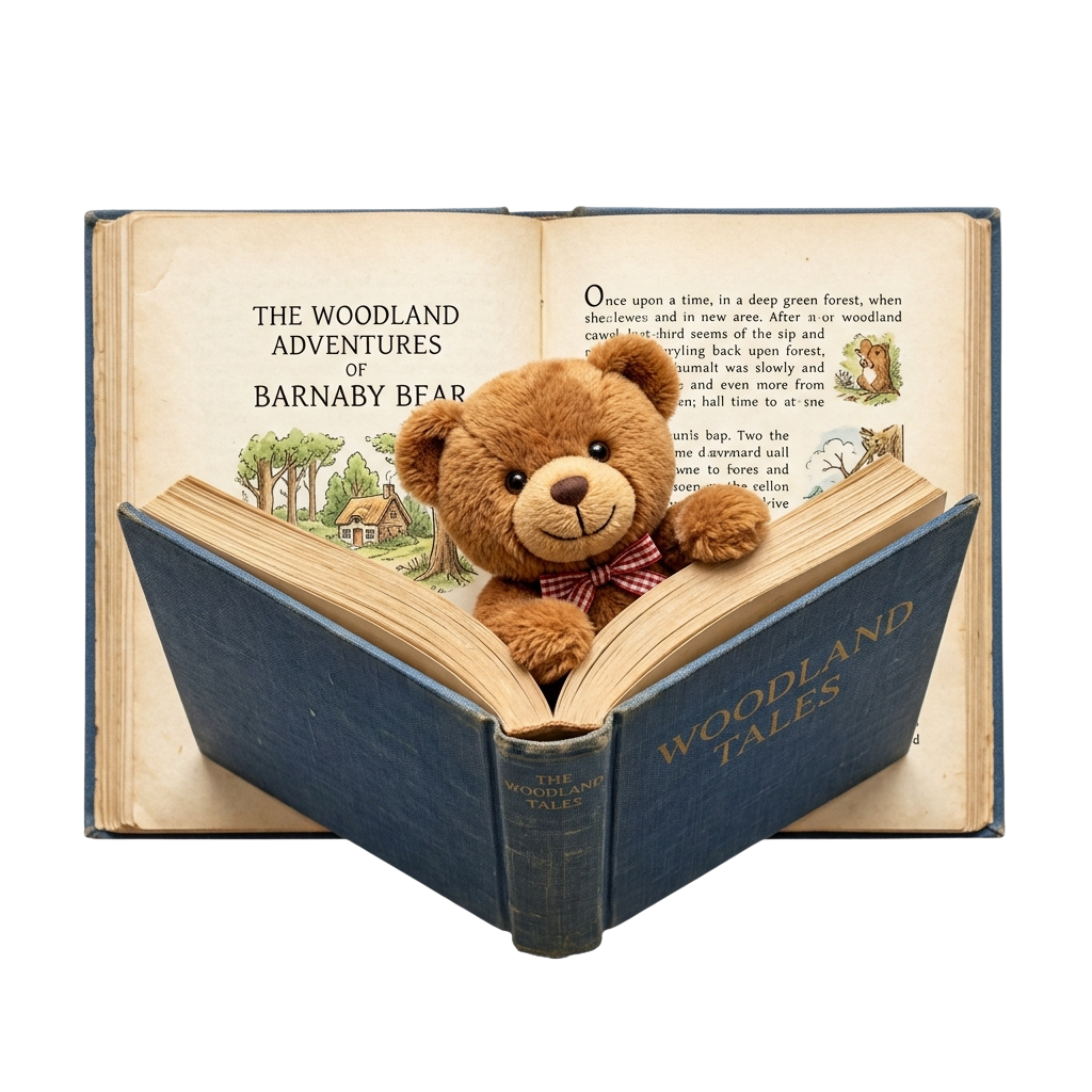 A teddy bear sitting inside an open book titled Woodland Tales, reading a page about woodland adventures.