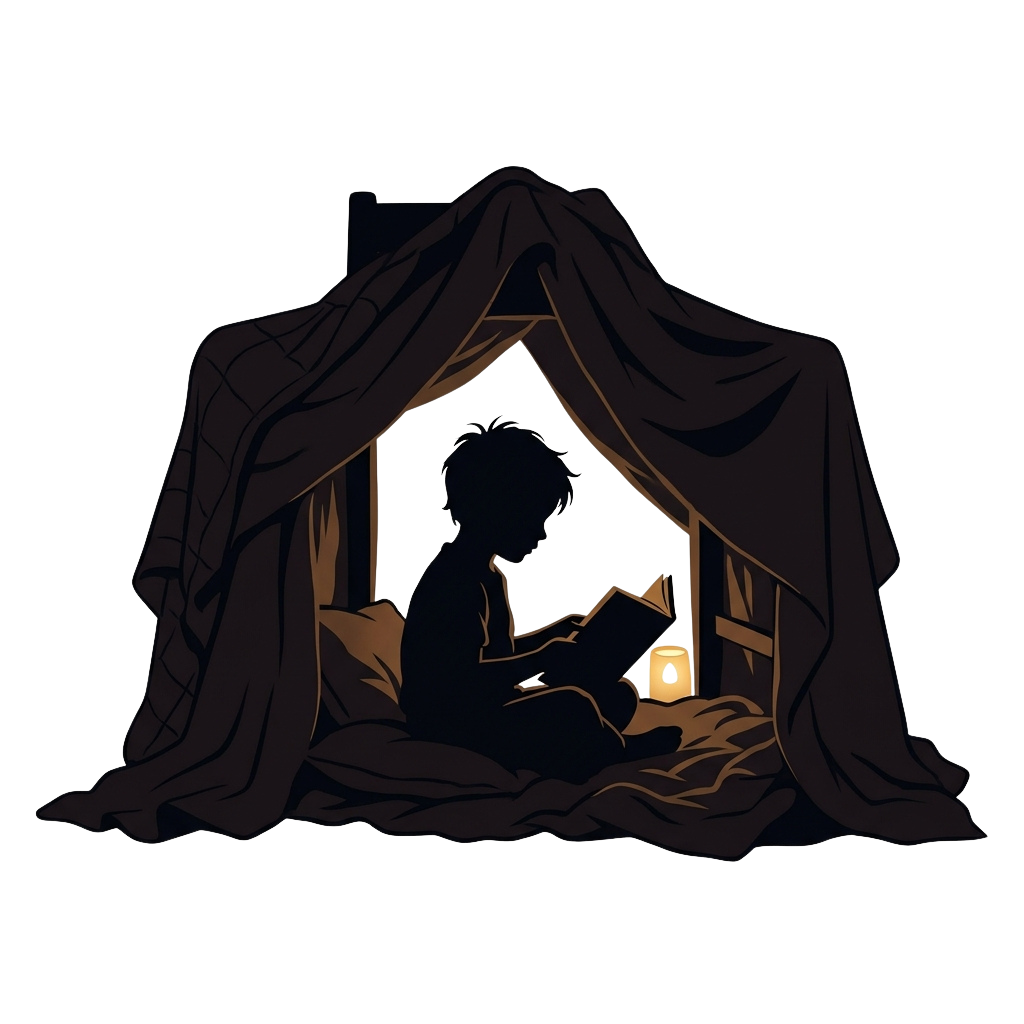 A child sitting inside a dark tent fort reading a book by lantern light
