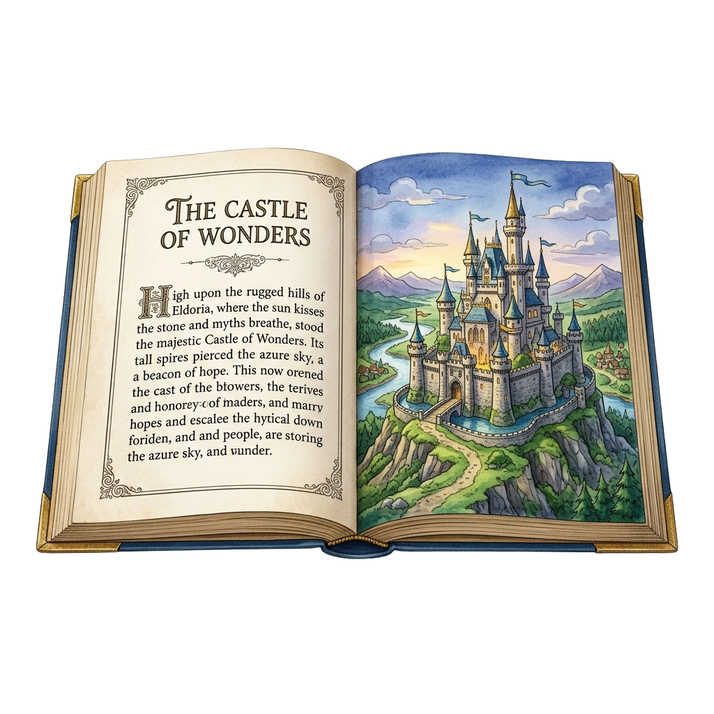 An open book showing a fantasy castle illustration on the right and text about the Castle of Wonders on the left