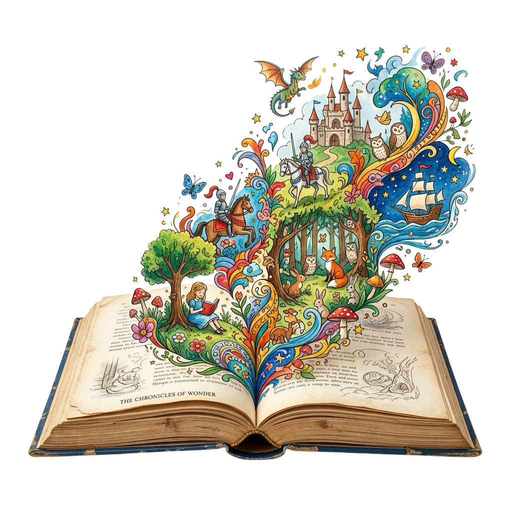 An open book revealing a vibrant fantasy world with trees, animals, a castle, and whimsical creatures.