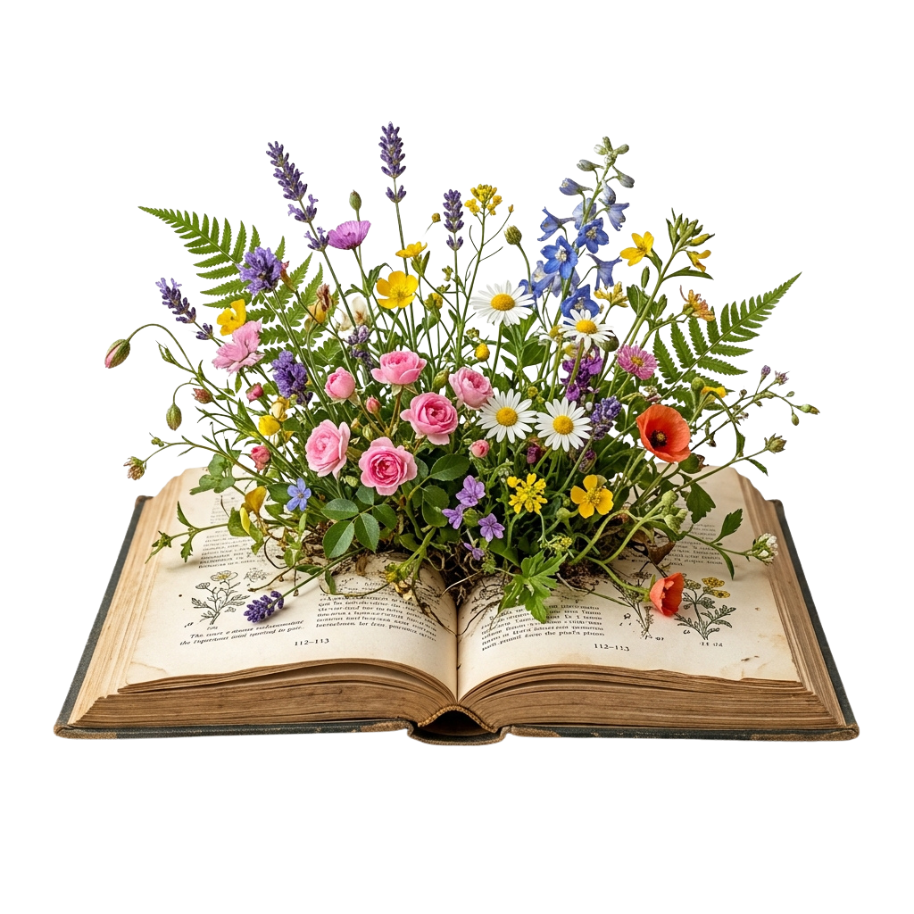 A vibrant bouquet of flowers growing out of an open book with aged pages and botanical illustrations.