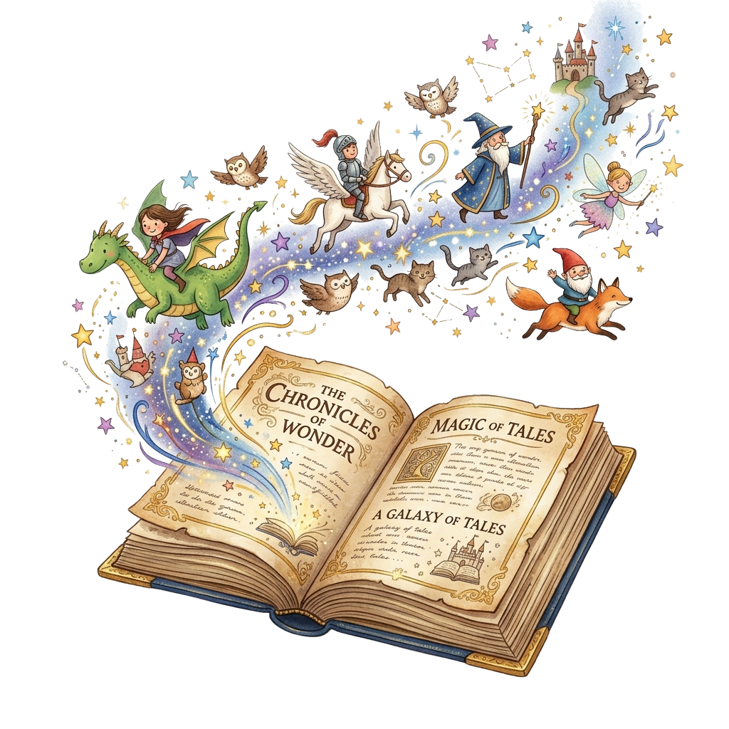 Illustration of an open fantasy book with magical creatures and characters floating around it.