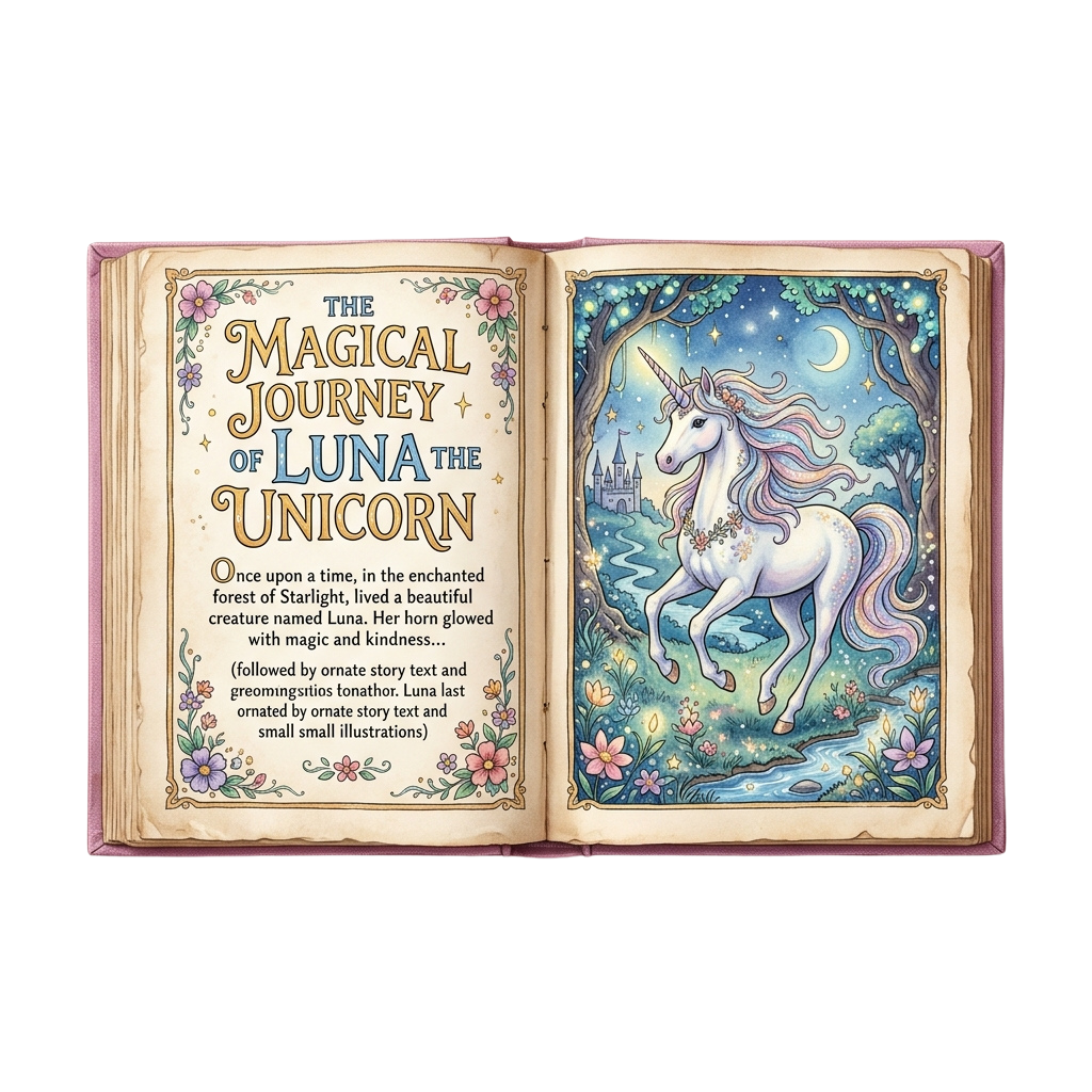 Illustration of a white unicorn with glowing horn standing in an enchanted forest at night, surrounded by stars and flowers.