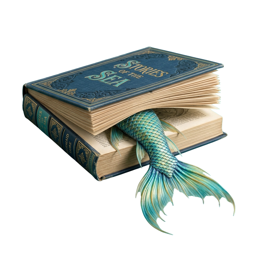Mermaid tail emerging from an open vintage book titled Stories of the Sea