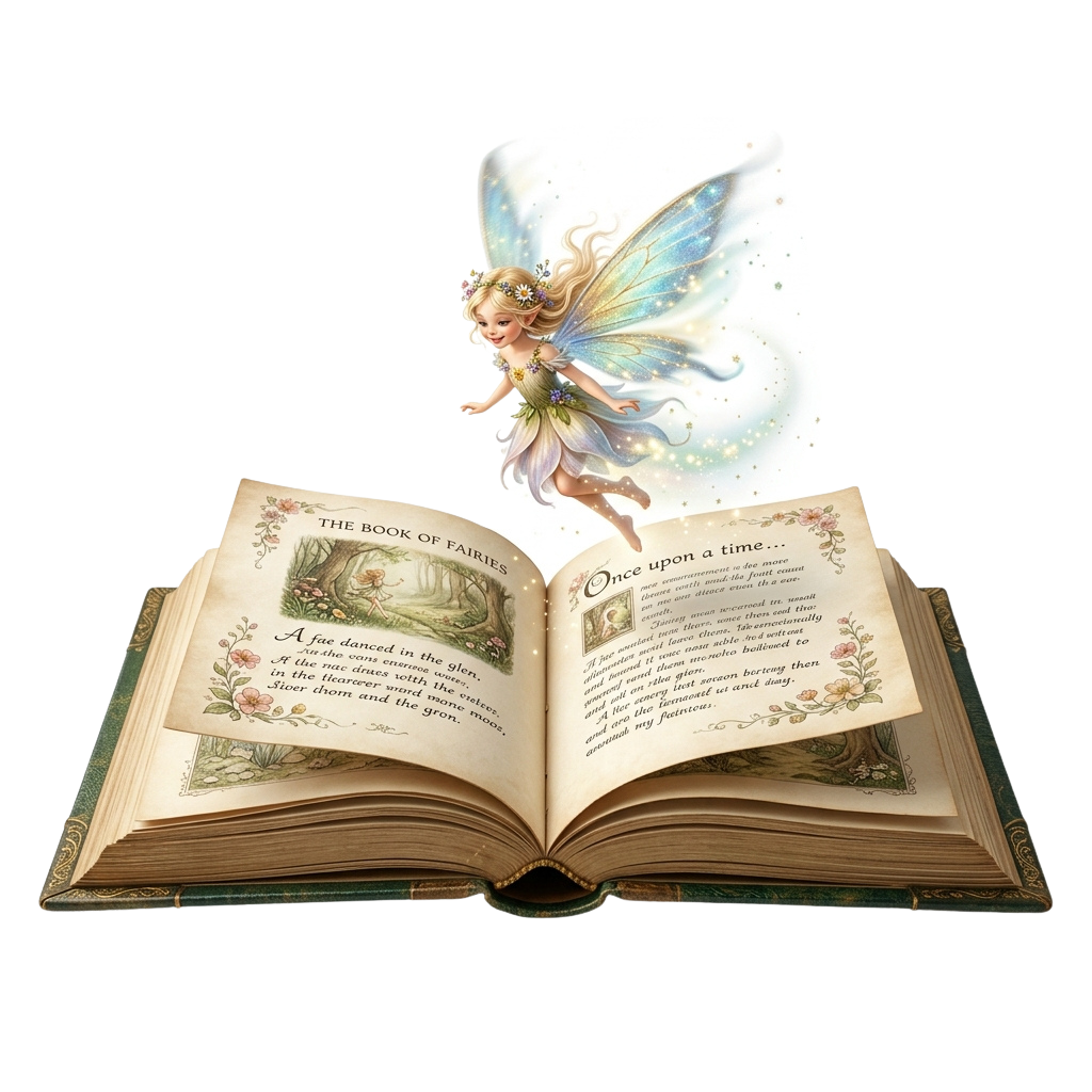 Illustration of an open book titled The Book of Fairies featuring a fairy with colorful wings floating above it