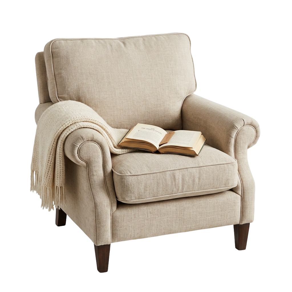 A beige armchair with a book open on the seat and a light-colored throw draped over the armrest