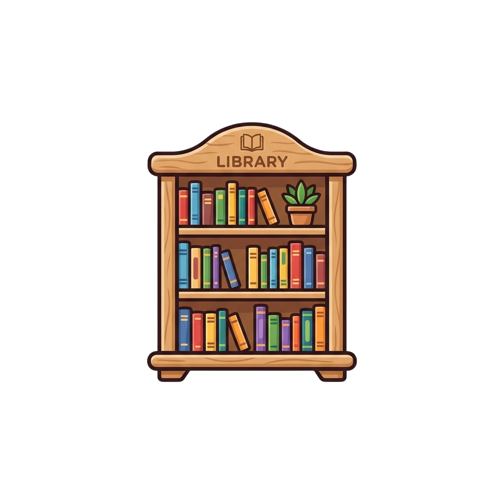 Illustration of a wooden bookshelf labeled library with colorful books and a small potted plant on top