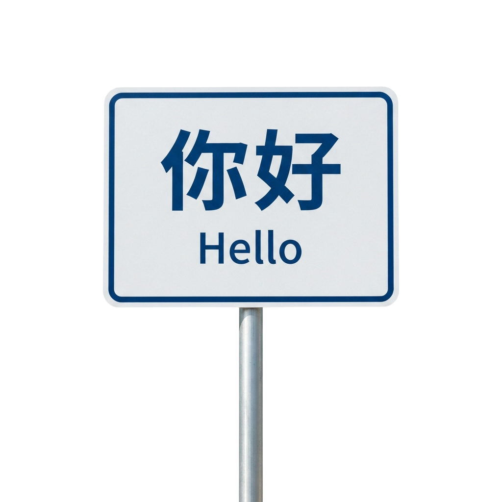 Road sign displaying Hello in Chinese characters and English text